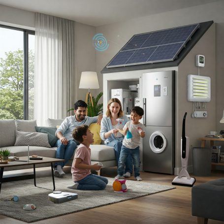 Familie mit Kindern in einem modernen Wohnzimmer mit Solarpanel und Haushaltsgeräten.